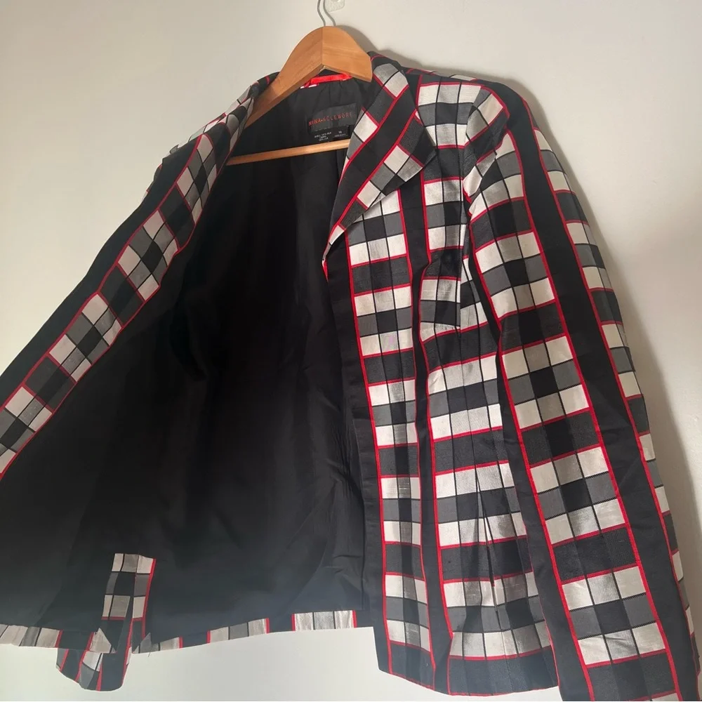 Nina Mclemore Red Black White Checked Silk Blazer Size 10 - Picture 5 of 15